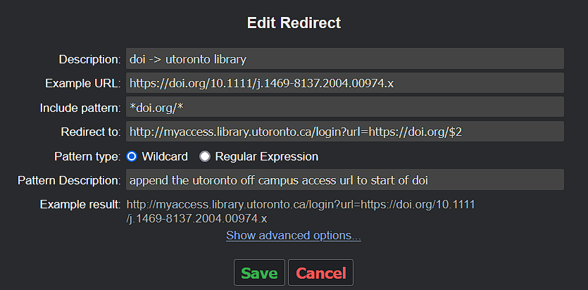 include pattern is doi.org/, and redirects to OFFCAMPUSURLhttps://doi.org/$2